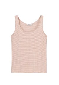 Débardeur rose clair avec de fines rayures horizontales. Tissu doux et extensible avec un col rond et de larges bretelles.
