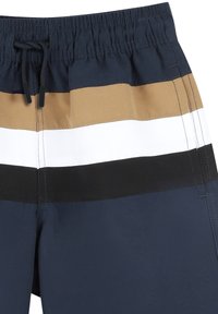 Shorts de bain pour homme avec taille à cordon, motif coloré en bleu marine, beige, blanc et noir. Tissu lisse avec des détails cousus.