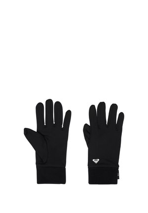Un par de guantes negros de cinco dedos, con puños en las muñecas y un pequeño logotipo blanco en forma de corazón, mostrados por la palma y el dorso.