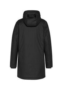 Schwarzer langer Wintermantel mit Kapuze, von hinten gezeigt, mit einfachem Design und geraden Ärmeln.