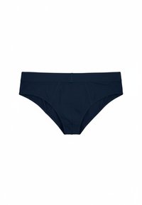 Dark blue cotton briefs with a smooth texture, featuring a low-rise design and subtle stitching details along the edges.