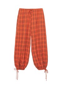 Pantalon ample à carreaux orange avec ceinture élastique, cordons à la taille et aux chevilles, en tissu léger.