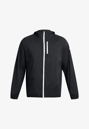 Černá lehká bunda s kapucí. Obsahuje bílý přední zip a hrudní kapsu. Hladká textura s dlouhými rukávy a volným střihem.