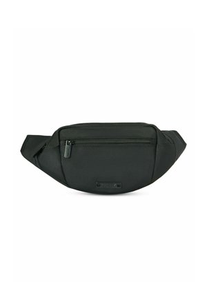 Czarna torba na biodra z gładką fakturą, z przednią kieszenią na zamek, regulowanym paskiem oraz subtelnym logo z przodu.