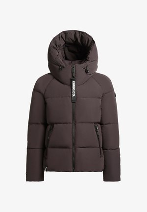 Brown padded jacket with a high collar, zippered front, and two side pockets. Features a hood and logo detailing on the zipper pull.