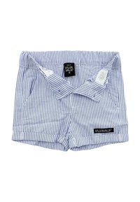 Korte broek voor kinderen van blauw en wit gestreept katoen, met een tailleband met knopen, zijzakken en een zwart merklabel.