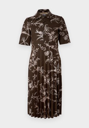 Brown pleated dress featuring a floral design in light shades, short sleeves, a collar, and button closure down the front.