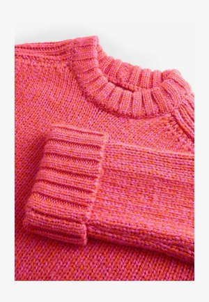 Brede gebreide trui in levendige roze tinten met een geribbelde ronde hals en manchet. Heeft een textuur met een chunky breipatroon.