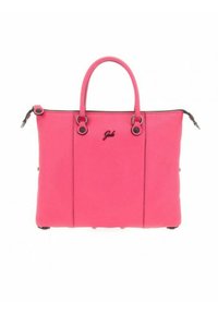 Borsa a mano in pelle rosa con due manici corti, caratterizzata da accenti neri e logo. Il design include una chiusura zip e dettagli in metallo.