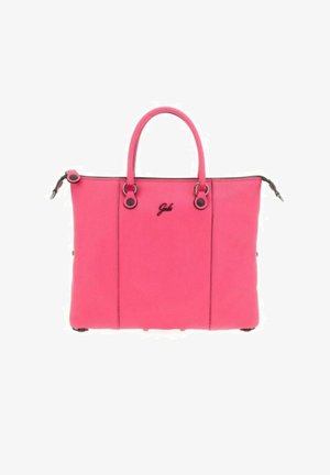 Borsa a mano in pelle rosa con due manici corti, caratterizzata da accenti neri e logo. Il design include una chiusura zip e dettagli in metallo.