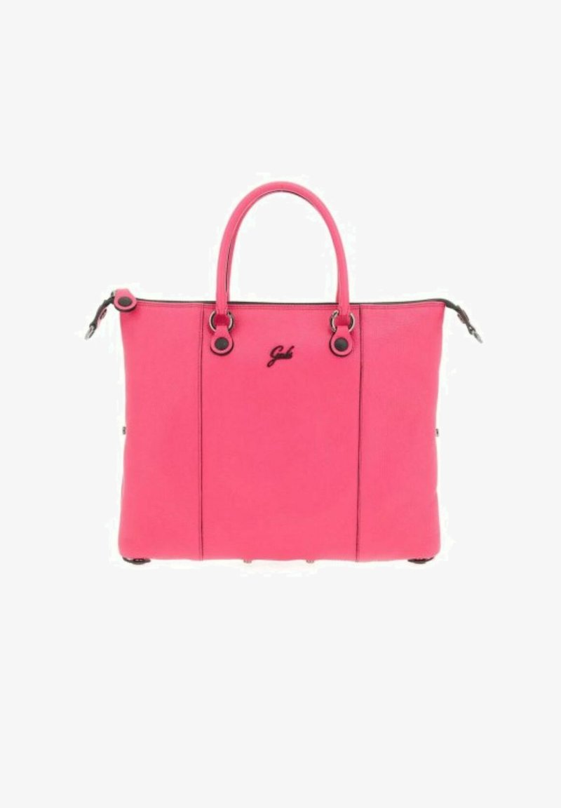 Borsa a mano in pelle rosa con due manici corti, caratterizzata da accenti neri e logo. Il design include una chiusura zip e dettagli in metallo.