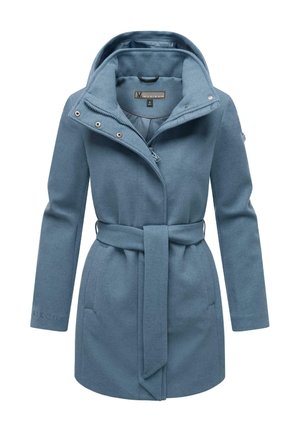 Blue wool blend coat with a zippered front, a tie belt at the waist, and a lined hood. Features side pockets and button accents.