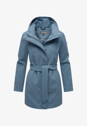 Sinine villaseguste mantel, millel on lukuga eesmine osa, vöökohtade sidumisvöö ja voodriga kapuuts. Sisaldab küljetaskuid ja nööbiefekte.