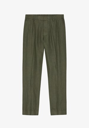 Pantalons en lin léger vert olive, de coupe droite, à devant plat et taille élastique ; dotés de poches latérales et de finitions à ourlet.