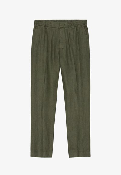 Olijfgroene, lichte linnen broek met een rechte pasvorm, platte voorkant en een elastische tailleband; voorzien van zijzakken en afgewerkte boorden.