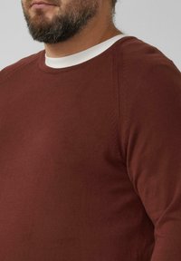 Dunkelbrauner Pullover mit Rundhalsausschnitt aus glattem Stoff, mit einem weißen Innenkragen und sichtbaren Nahtdetails an den Schultern.