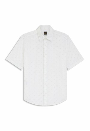 Wit overhemd met korte mouwen en knopen, met een subtiel patroon van kleine lichtblauwe en grijze vormen, en een puntkraag.