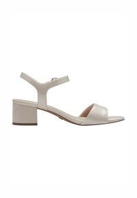 Beige Leder Sandale mit einem Peeptoe-Design, verstellbarem Knöchelriemen, 3 cm Blockabsatz und glatter Textur.