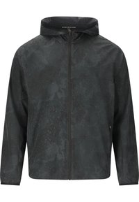 Leichte schwarze Jacke mit strukturiertem, gemustertem Design, Reißverschluss, verstellbarem Kapuzenkragen und elastischen Bündchen für einen sicheren Sitz.