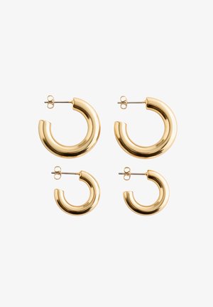 Goldfarbene Creolen mit einer glatten, polierten Oberfläche. Zwei Größen: groß und klein, mit einer abgerundeten, offenen Halbmondform.