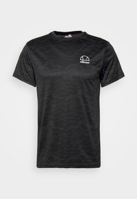 Černé tričko s krátkým rukávem vyrobené z hladkého materiálu. Obsahuje jemný vlnitý vzor a malé bílé logo na hrudi. Klasický design s kulatým výstřihem.