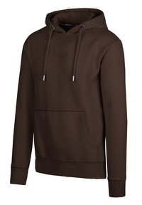 Brauner Hoodie aus weichem Material, mit einer Fronttasche, Kordelzügen, gerippten Bündchen und einem geprägten Logo.