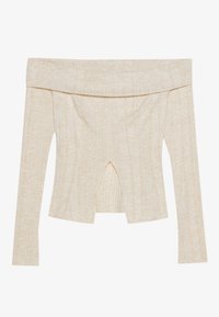 Off-the-shoulder tettskjorte i lys beige, laget av ribbestrikket materiale. Har lange ermer og en senterutsparing.