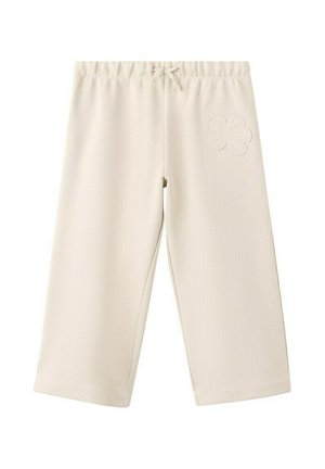 Krémové široké nohavice s elastickým pásom, šnúrkou a vyšitým kvetovým detailom na hornej pravej stehne.