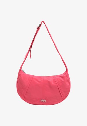 Roosa poolkuu kujuline õlavarre kott reguleeritava rihmaga ja hõbedase tõmblukuga, mille esiküljel on "BIMBA Y LOLA" logo.