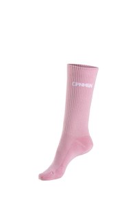 Helle rosa Rippensocke mit einem weißen Logo. Die Socken haben eine verstärkte Zehen- und Fersenpartie, eine mittellange Länge bis zur Wade und eine glatte Textur.