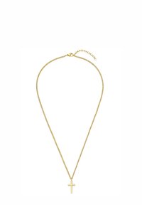 Halskæde i guldfarvet metal med en tynd kæde og et lille korsvedhæng. Har en lås med krabbeclasp og en forlængerkæde for justerbar længde.