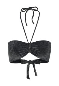 Črn bandeau bikinij z vrhom z teksturirano sijočo obdelavo, sprednjim nabiranjem in osrednjim okrasnim elementom. Zavezuje se okoli vratu in hrbta.