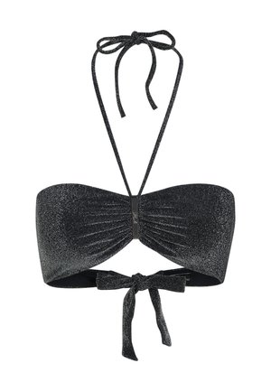 Črn bandeau bikinij z vrhom z teksturirano sijočo obdelavo, sprednjim nabiranjem in osrednjim okrasnim elementom. Zavezuje se okoli vratu in hrbta.