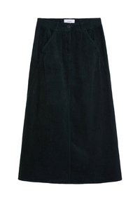 Falda midi de pana verde oscuro con cintura alta, bolsillos frontales y cierre de botones. La tela tiene una textura estriada.