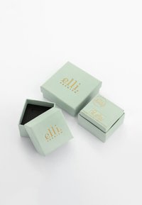 Ljusgrön papperslåda med präglad guldtext "elli" och "premium." Det finns två öppna lådor, en med svart inredning. Fyrkantig form.
