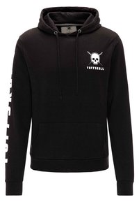 Felpa nera con cappuccio in cotone, con grafica di teschio e ossa incrociate. Include una tasca frontale e testo stampato sulla manica.