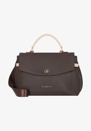 Bruine leren handtas met textuur, een crèmekleurig hengsel, gouden hardware, flap-sluiting en een verstelbare schouderriem. Merkennaam is op de voorkant ingebrand.