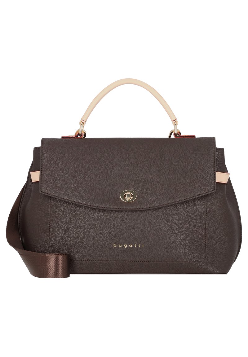 Sac à main en cuir texturé marron avec une poignée crème, quincaillerie dorée, fermeture à rabat et une bandoulière réglable. Nom de la marque embossé à l'avant.
