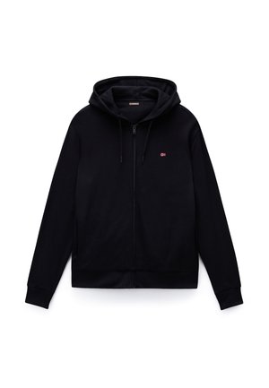 Czarna bluza z kapturem na zamek, z kapturem z troczkami i małym logo norweskiej flagi na lewej piersi, pokazana na płaskim białym tle.