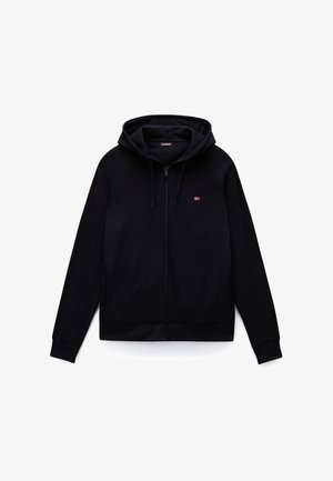 Czarna bluza z kapturem na zamek, z kapturem z troczkami i małym logo norweskiej flagi na lewej piersi, pokazana na płaskim białym tle.