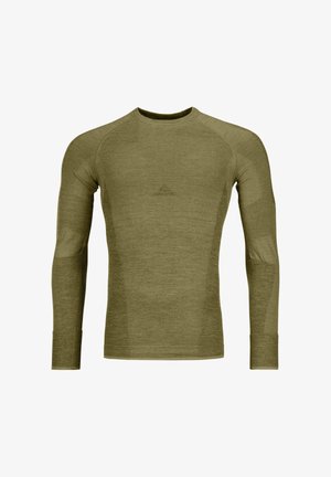 Olive green long-sleeve thermal shirt made of textured fabric, featuring a round neckline and fitted design with patterned accents on sleeves.