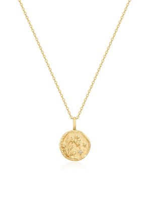 Gold pendant necklace with an embossed floral design and a small diamond accent, attached to a fine gold chain.