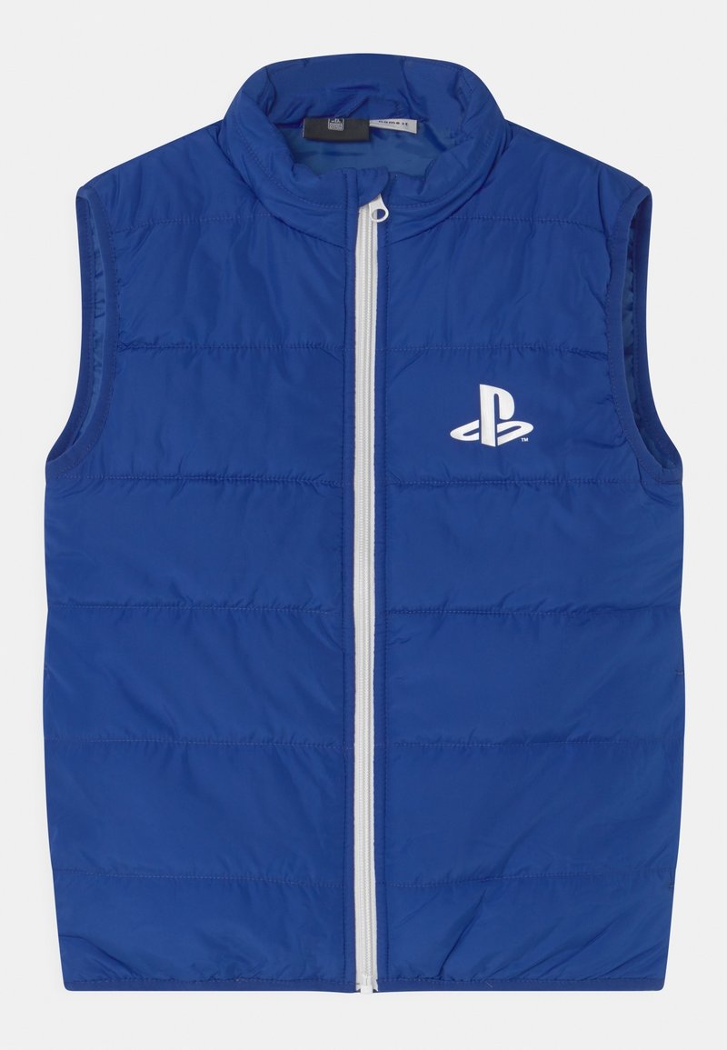 Veste matelassée sans manches bleue avec fermeture éclair blanche à l'avant et logo PlayStation blanc sur la poitrine gauche.