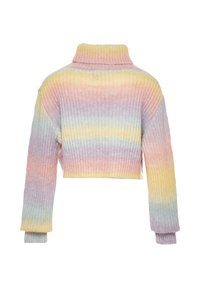 Maglione all'uncinetto con collo alto, caratterizzato da strisce a gradiente pastello in rosa, giallo e lavanda. Tessuto a coste, lunghezza cropped, maniche lunghe.