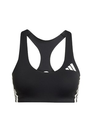 Černá sportovní podprsenka s designem na racerback, s bílými akcenty a hladkým povrchem. Výrazné pruhy po stranách.