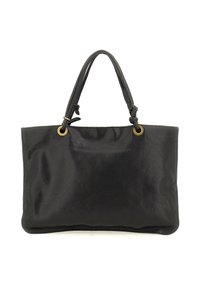 Borsa a tracolla in pelle nera con due manici annodati fissati da anelli in metallo dorato, poggiata su uno sfondo bianco.