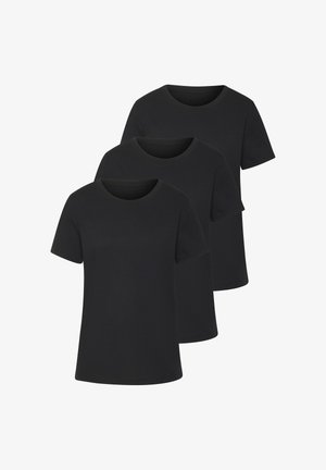 Three plain black short-sleeve t-shirts stacked with round necklines, displayed on a white background.