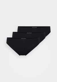 Trois paires de culottes de bikini noires en tissu lisse, avec une coupe basse et un petit logo de marque sur la taille.