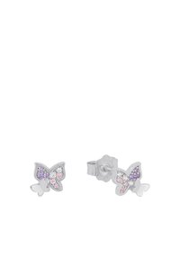 Orecchini a buco d'argento a forma di farfalla con accenti di cristallo viola e rosa. Presentano un design intricato, una finitura lucida e una chiusura sul retro sicura.