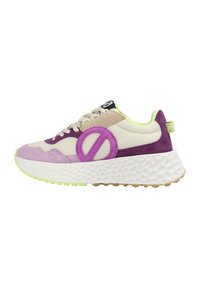 Sneakers with a mesh upper in beige, purple suede accents, and a green outsole. Features a prominent circular logo and textured sole.